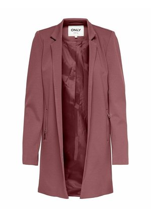 Lang mauve dameblazer med reverskrave, lynlåslommer i siden, og blød inderfor, vist fladt mod hvid baggrund.