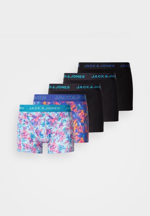 Five pairs of boxers: one flowered blue fabric, four solid black fabrics, all with elastic bands featuring "JACK & JONES" in contrasting colors.