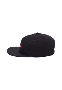 Black baseball cap made of fabric. Features a flat brim, rounded top, and a small red logo tag on the front. Plain design.