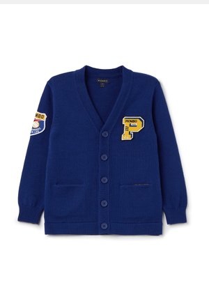 Marineblauer Knopfleisten-Cardigan mit gerippten Bündchen, zwei Fronttaschen, einem gelben "P"-Patch auf der Brust und einem bunten Aufnäher am linken Ärmel.