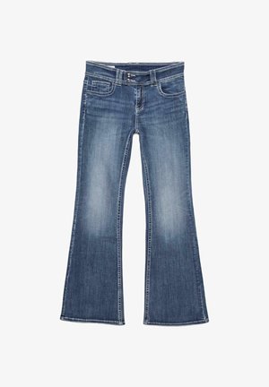 Denim-hollihousut, keskiharmaansininen pesu, joissa kevyttä haalistumista ja viistokuviointia, viidellä taskulla ja napituksella edessä.