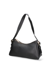 Borsa a spalla in pelle nera con finitura testurizzata, dotata di una cerniera dorata e tracolla regolabile. Forma elegante e curva con un design minimalista.