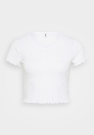 Hvid ribbet crop top med korte ærmer, der har en rund halsudskæring og bølgede kanter på ærmerne og kanten. Glat tekstur.