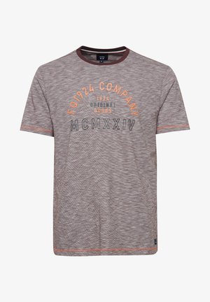 Hnedý bavlnený tričko s krátkymi rukávmi, okrúhlym výstrihom a potlačou v oranžovej a modrej farbe. Kontrastné šitie na golieri a leme.