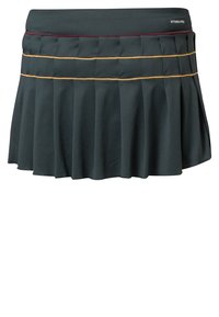 Gonna plissettata in tessuto verde scuro, con linee di accento gialle e rosse sulla cintura. Progettata per un abbigliamento attivo con una forma svasata.