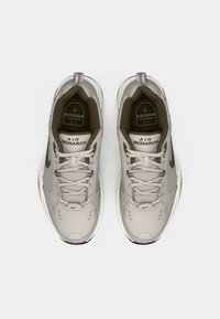 Încălțăminte sport bej și gri cu un superior din plasă, design cu șireturi, guler căptușit și talpă cu amortizare Air vizibilă. Logo pe limba încălțămintei.