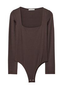 Bruine lange mouwen bodysuit met vierkante halslijn en drukknoopsluiting bij het kruis, gemaakt van een gladde, rekbare stof.