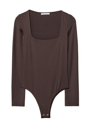 Bodysuit long à manches brunes avec décolleté carré et fermetures à pression à l'entrejambe, fabriqué à partir d'un tissu lisse et extensible.