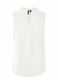 Blouse blanche sans manches en tissu léger, avec un col en V, une texture subtile et une coupe décontractée avec des fentes sur les côtés.