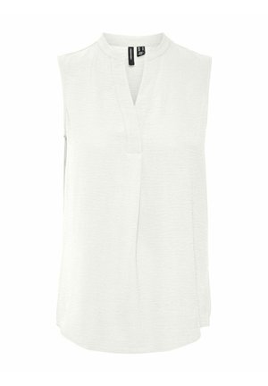 Bez piedurknēm, balts blūze, izgatavota no viegla auduma, ar V veida kakla izgriezumu, smalku tekstūru un brīvu piegriezumu ar sānu šķēlumiem.