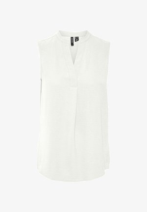 Bez piedurknēm, balts blūze, izgatavota no viegla auduma, ar V veida kakla izgriezumu, smalku tekstūru un brīvu piegriezumu ar sānu šķēlumiem.