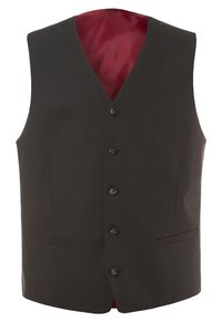 Schwarze Weste mit V-Ausschnitt, fünf-Knopf-Frontverschluss, zwei Seitentaschen und rotem Innenfutter. Glatte Stoffoberfläche mit figurbetonter Passform.