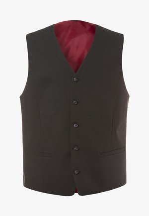 Sort vest med V-udskæring, fem knaplukninger, to sidelommer og en rød indvendig foring. Glat stof med en skræddersyet pasform.