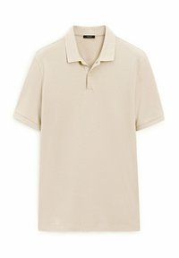 Beige pikétröja i texturerat tyg, med klassisk krage och tre-knappsknäppning. Korta ärmar och rak fålldesign.