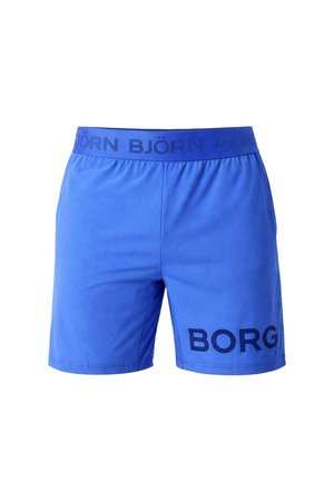 Modre atletske kratke hlače z elastičnim pasom, na levi nogi je natisnjeno besedilo "BJÖRN" in logo "BORG".