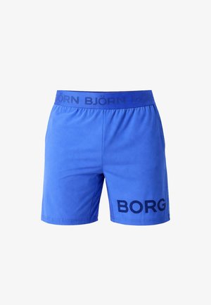 Modre atletske kratke hlače z elastičnim pasom, na levi nogi je natisnjeno besedilo "BJÖRN" in logo "BORG".