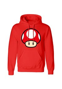 Red hoodie featuring a large graphic of a red mushroom with white spots and a smiling face, made of soft fabric with a front pocket.