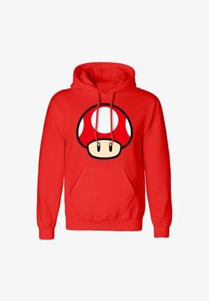 Rode hoodie met een grote afbeelding van een rode paddenstoel met witte stippen en een lachend gezicht, gemaakt van zachte stof met een voorzak.