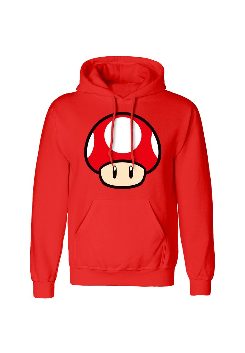 Red hoodie featuring a large graphic of a red mushroom with white spots and a smiling face, made of soft fabric with a front pocket.