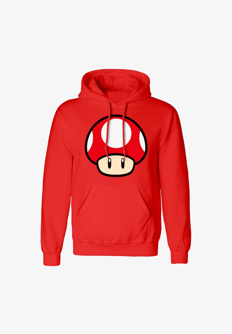Red hoodie featuring a large graphic of a red mushroom with white spots and a smiling face, made of soft fabric with a front pocket.