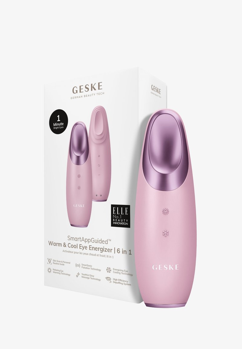 Värmande och kylande ögonenergisator i mjuk rosa med en glänsande lila topp, med knappar för temperaturkontroll och en slank, ergonomisk form.