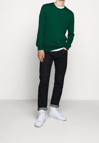 Grön tröja i bomull, med rund halsringning och långa ärmar. Kallas med mörka jeans och vita högtopps-sneakers.