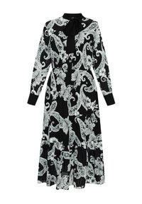 Vestido negro de manga larga con estampado floral paisley blanco. Presenta un collar con lazo y una falda en capas. Confeccionado en una tela texturizada ligera.