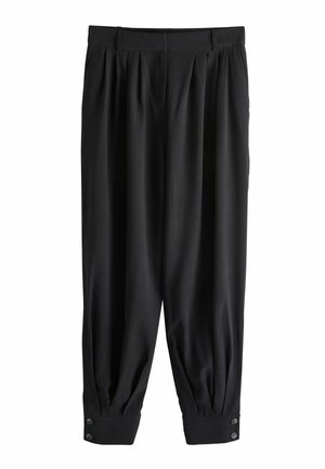 Schwarze, zulaufende Hose mit Falten in der Taille und geknöpften Bündchen an den Knöcheln aus einem glatten Stoff.