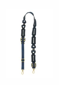 Cinghia in pelle blu navy con design intagliato intricato, dettagli in metallo dorato e ganci a scatto su entrambe le estremità. Texture liscia in tutto.