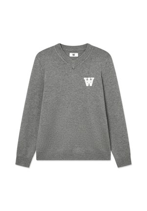 Grauer langärmliger Strickpullover mit V-Ausschnitt und weißem "W"-Logo auf der linken Brust, dargestellt vor weißem Hintergrund.