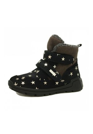 Stivaletti neri in suede con motivi di stelle argentate, cinturini in Velcro regolabili e interno in pile grigio. Suola in gomma per una migliore aderenza.