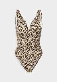 Bañador de una pieza con estampado de leopardo, escote en V profundo, tirantes de spaguetti ajustables y una tela suave y elástica, que presenta una pierna de corte alto.
