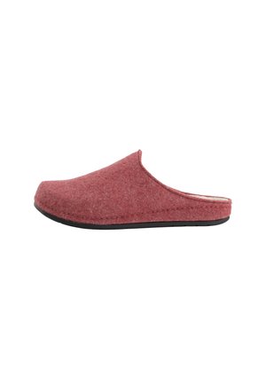 Red felt slip-on slipper with closed toe, open back, and black sole, shown in side view on white background.