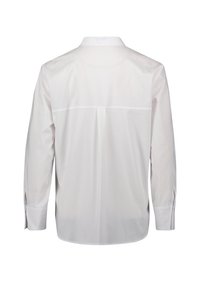 Witte blouse met lange mouwen, voorzien van een klassiek kraag, knoopmanchetten en een inzetstuk aan de achterkant; gemaakt van gladde, lichte katoen.
