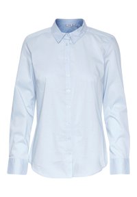 Jasnoniebieska koszula zapinana na guziki, wykonana z gładkiej bawełny, z klasycznym kołnierzykiem, długimi rękawami i zaokrąglonym dołem, z przodu zapinana na guziki.