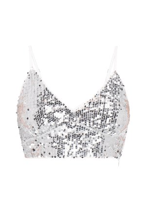 Zilverkleurige top met pailletten en dunne witte bandjes, met een V-halslijn en een textuur die ontstaat door afwisselende pailletten.