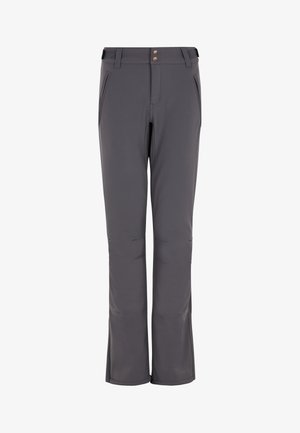 Grijze softshellbroek met een slim fit, twee voorzakken, twee decoratieve knopen bij de taille en licht uitlopende benen.