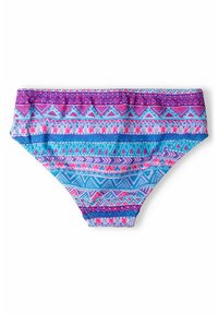 Kupanje bikini donji dio s višebojnim geometrijskim uzorkom u ružičastoj, plavoj i ljubičastoj boji. Izrađen od rastezljivog materijala s nabranim pojasom.