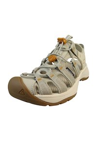 Light gray waterproof sandal with open design, adjustable elastic laces, and rubber soles. Features orange accents and textured upper.