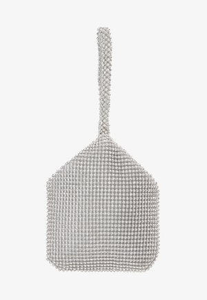 Hõbedane võrgust käekott, millel on struktureeritud kuju, kaetud väikeste peegeldavate rhinestones'itega. Omab pikka, kaunistatud käepidet.