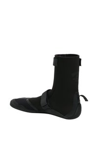 Black neoprene water boot with a high ankle design, reinforced toe, and adjustable strap. Features textured sole for grip and a pull tab.