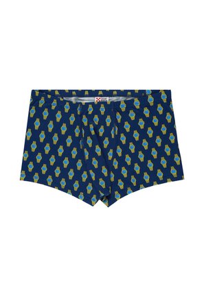 Boxer da uomo blu navy con un motivo ripetuto di orologi da polso gialli e blu, con etichetta Saint Barth all'interno della fascia in vita.