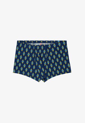 Boxer da uomo blu navy con un motivo ripetuto di orologi da polso gialli e blu, con etichetta Saint Barth all'interno della fascia in vita.