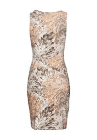 Sleeless fitted dress featuring a floral pattern in beige, peach, and brown shades. Smooth fabric with a round neckline and waist accent.