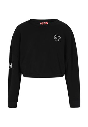 Sweatshirt noir court, à manches longues, arborant un petit logo en forme de cœur et d'empreinte de patte, avec des poignets et un ourlet côtelés pour plus de texture.