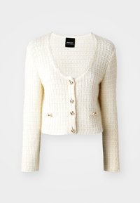 Hvid tekstureret cardigan med scoop halsudskæring, fem lukninger i guldtonet knapdesign og to sidelommer. Har lange ærmer og et cropped design.