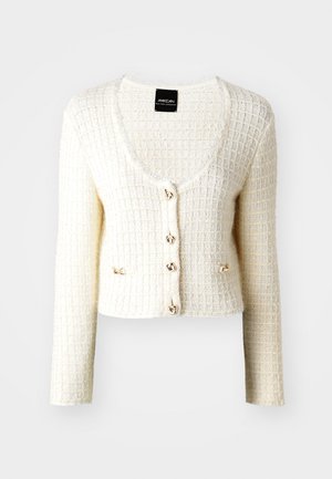 Weißer Textur-Cardigan mit Rundhalsausschnitt, fünf goldfarbigen Knopfverschlüssen und zwei seitlichen Akzenten. Mit langen Ärmeln und kurzem Design.