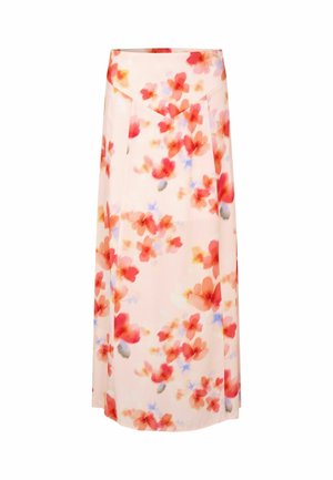 Svetloruža midi suknja s cvjetnim uzorkom u crvenoj, narančastoj i plavoj boji, s širokim pojasom koji ima preklopni detalj.