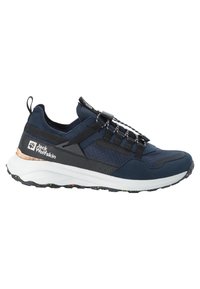 Scarpa da ginnastica blu navy con tomaia in materiali misti, sistema di lacci elastici e suola bianca imbottita con un battistrada nero decorato.