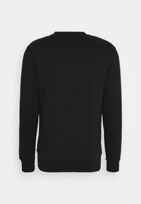 Sweat-shirt noir à manches longues avec col rond, poignets et bas côtelés, vu de dos sur fond blanc.